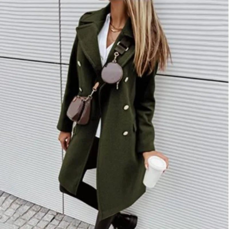 legante Wolljacke mit Revers & Zweireiher-Design – Langer Mantel für Damen